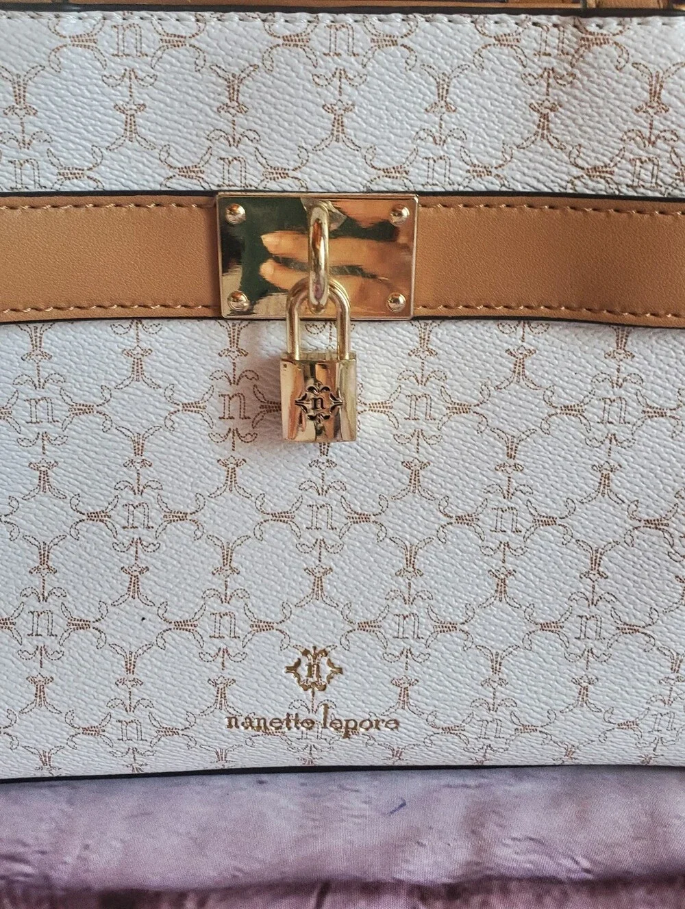 Nanette Lepore White & Tan Shoulder Bag With Lock Accent Preppy Office Career